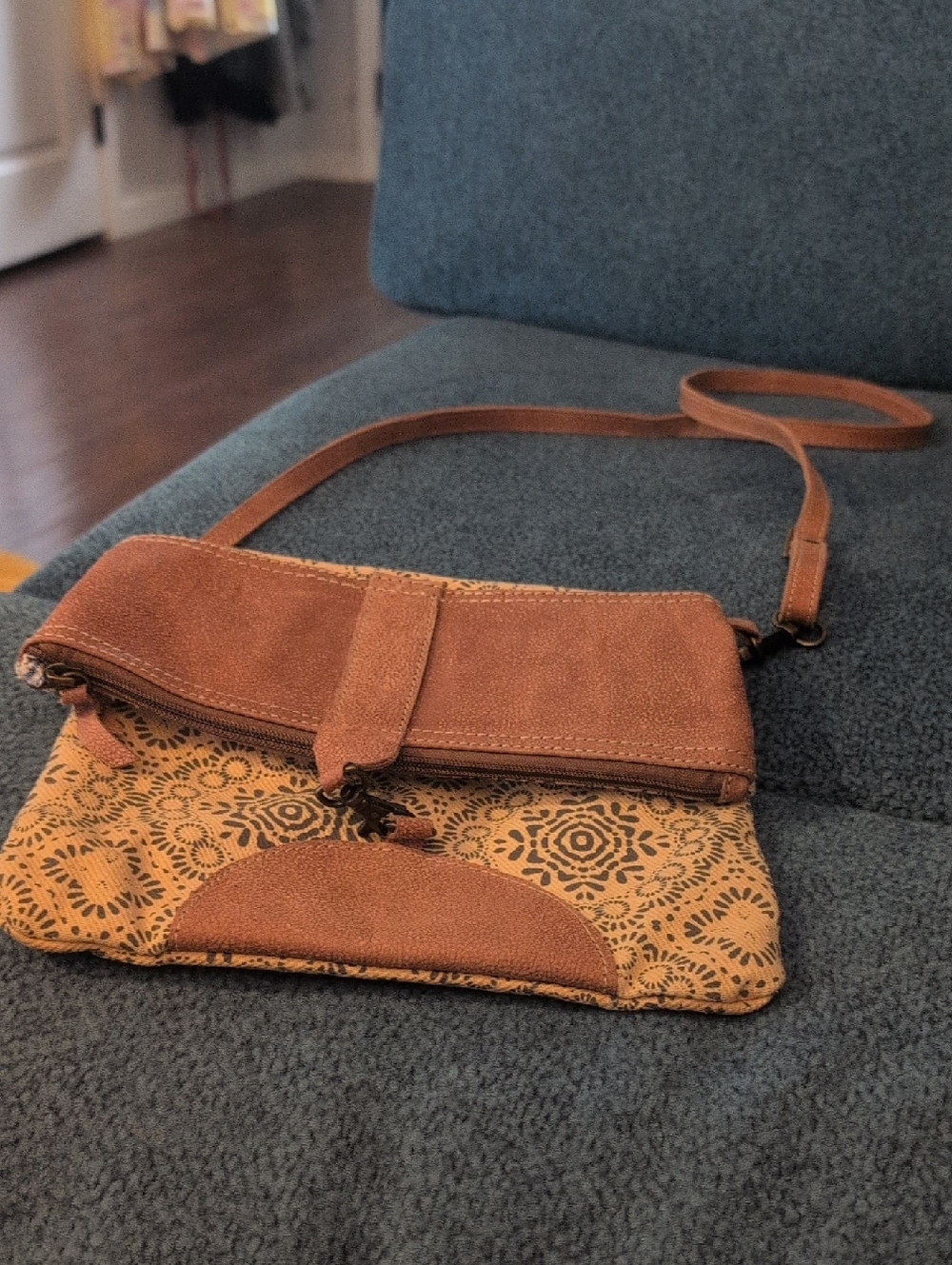 OLAY Brown Suede & Mustard Pattern Crossbody Bag
